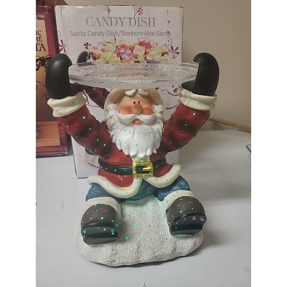 Colorful Christmas Light Sitting Santa Claus Candy Dish with A Glass Tray Tested